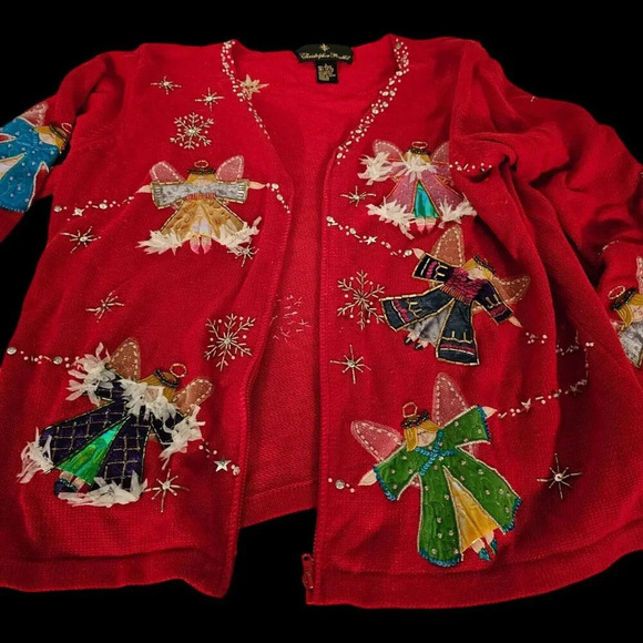 Christopher Radko Christmas Zipper sweater Cardigan sequin Angels Sx L - Picture 3 of 8